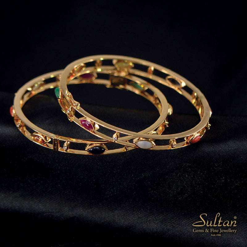 18K Bangle Pair Yellow Gold Diamond Colour Stone | Daily Wear Fine Jewellery