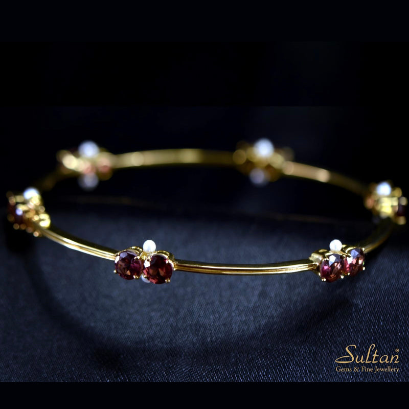 18K Yellow Gold Pearl Garnet Bangle Single | Daily Wear Fine Jewellery