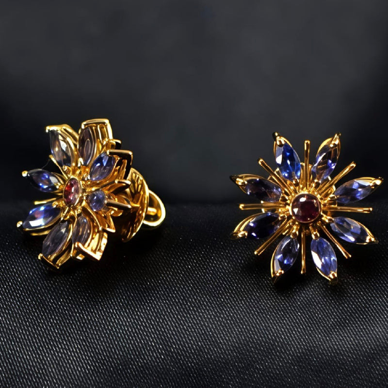 18K Earring Yellow Gold Iolite Garnet Earstud | Daily Wear Fine Jewellery