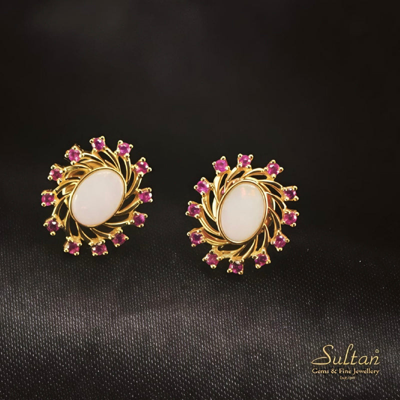 18K Earring Yellow Gold Ruby Opal Earstud | Daily Wear Fine Jewellery
