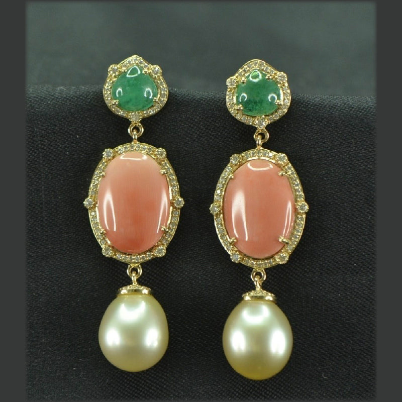 18K Earring Yellow Gold Diamond Coral Emerald Pearl Danglers | Festive Wear Fine Jewellery