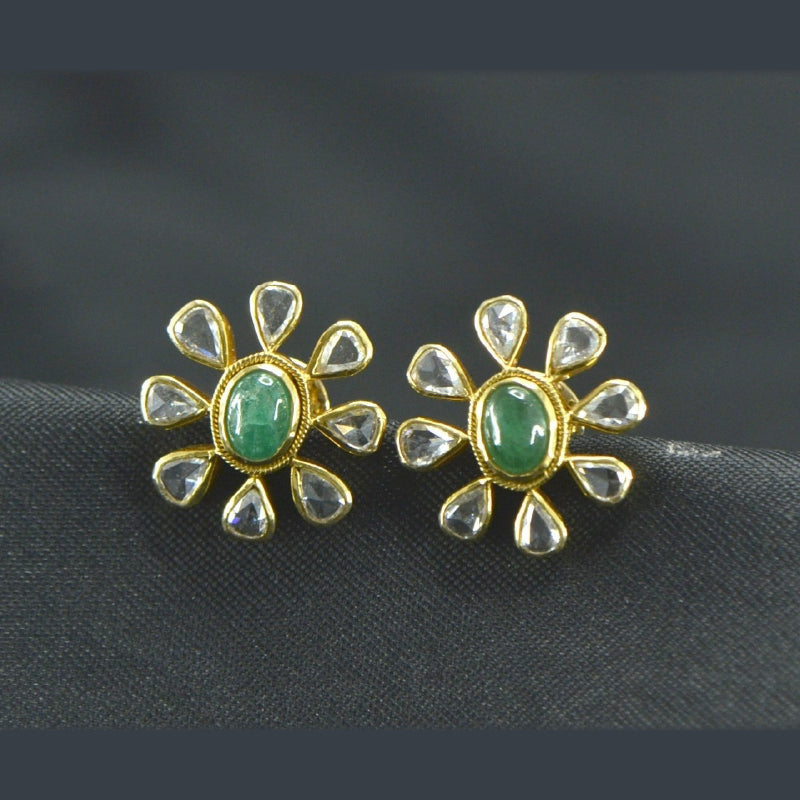 22K Earring Yellow Gold Polki Diamond Emerald Studs | Daily Wear Fine Jewellery