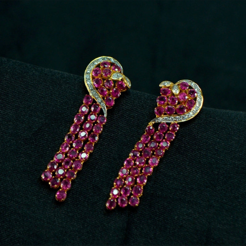 18K Earring Yellow Gold Ruby Diamond Dangler | Festive Wear Fine Jewellery
