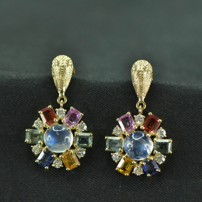 18K Earring Yellow Gold Ruby Diamond Sapphire Dangler | Festive Wear Fine Jewellery