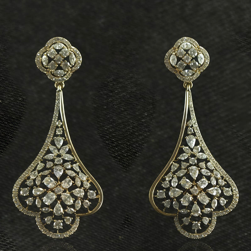 18K Earring Yellow Gold Diamond Long Dangler | Festive Wear Fine Jewellery
