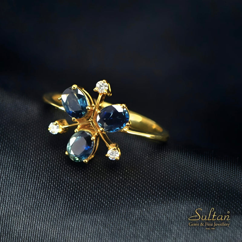 18K Yellow Gold Diamond Blue Sapphire Ring | Festive Wear Fine Jewellery