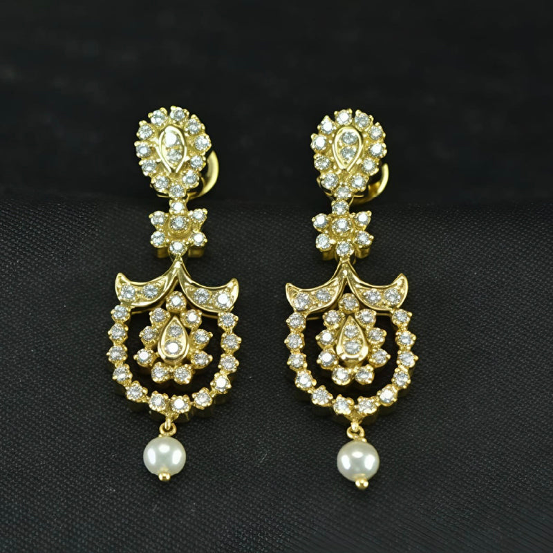 18K Earring Yellow Gold Pearl Diamond Dangler | Festive Wear Fine Jewellery