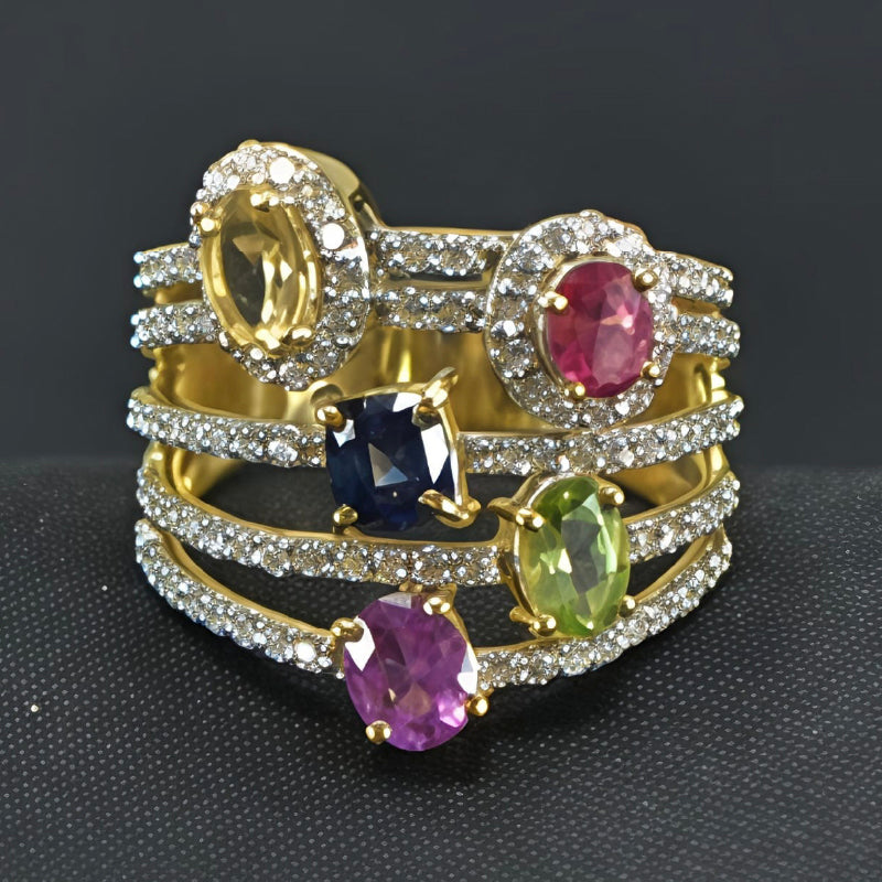 18K Yellow Gold Multi Colour Sapphire Diamond Ring | Festive Wear Fine Jewellery
