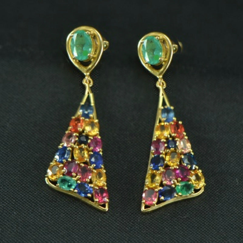 18K Earring Yellow Gold Multi Colour Stone Dangler | Festive Wear Fine Jewellery