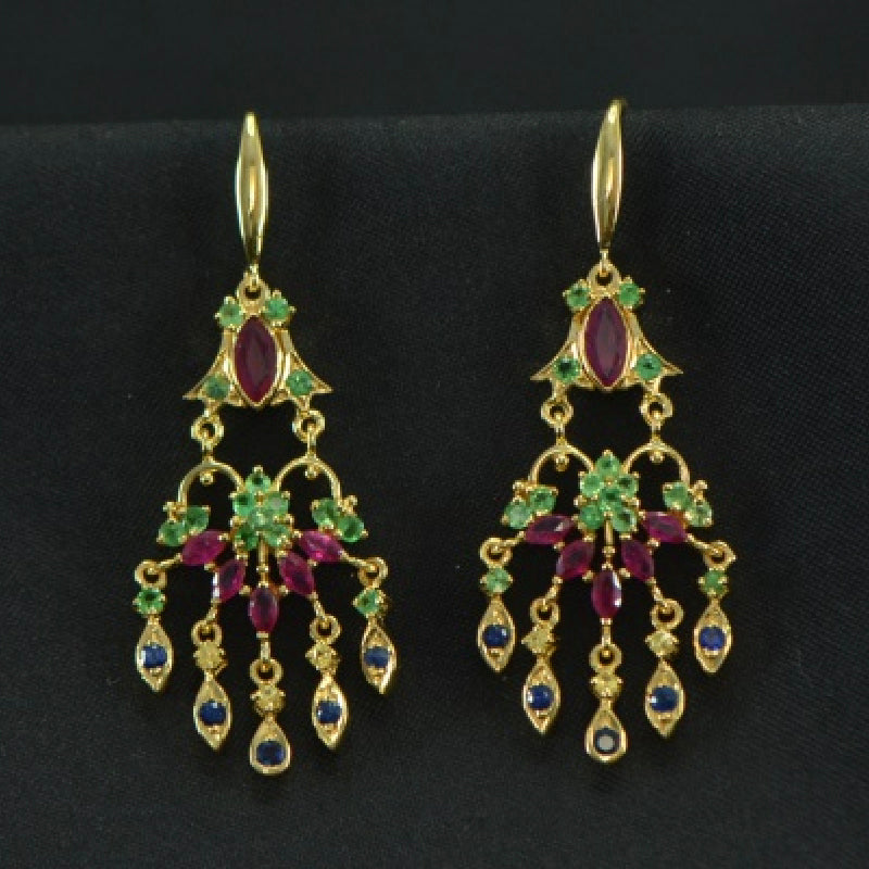 18K Earring Yellow Gold Ruby Emerald Sapphire Stone Dangler | Festive Wear Fine Jewellery