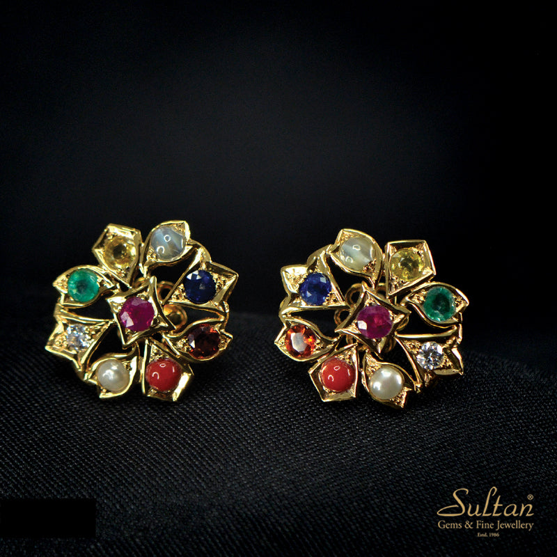 18K Earring Yellow Gold Navaratna Earstud | Daily Wear Fine Jewellery