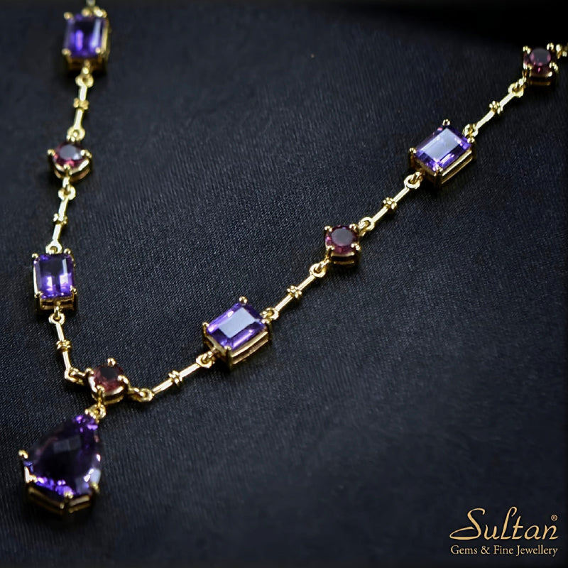 18K Yellow Gold Amethyst Garnet Necklace | Festive Wear Fine Jewellery