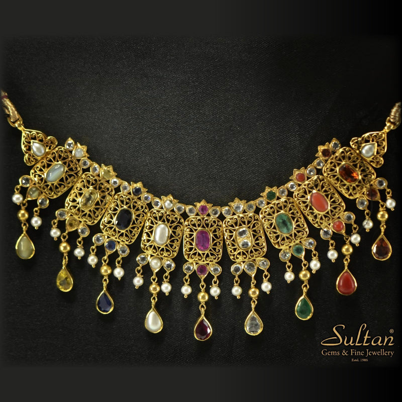 18K Yellow Gold Navaratna Necklace | Festive Wear Fine Jewellery