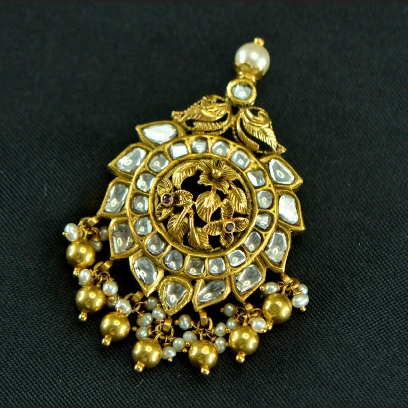 22K Yellow Gold Polki Diamond Ruby Pearl Pendant | Festive Wear Fine Jewellery