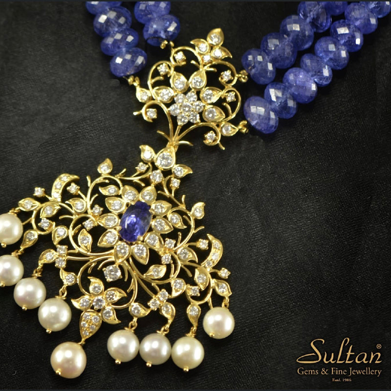 22K Yellow Gold Diamond Pearl Tanzanite Pendant | Festive Wear Fine Jewellery