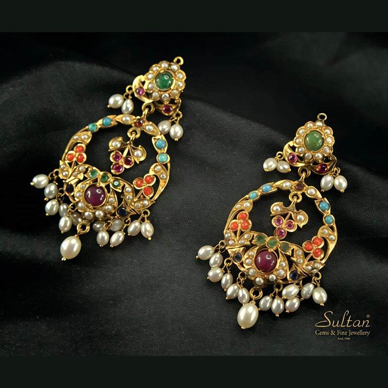 22K Earring Yellow Navaratna Dangler | Festive Wear Fine Jewellery