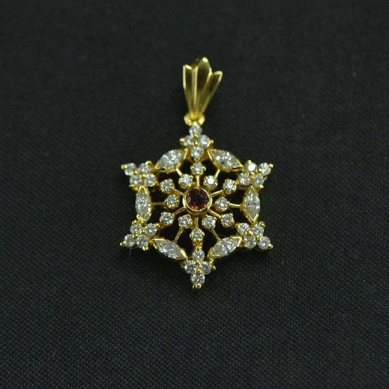 18K Yellow Gold Diamon Garnet Pendant | Party Wear Fine Jewellery