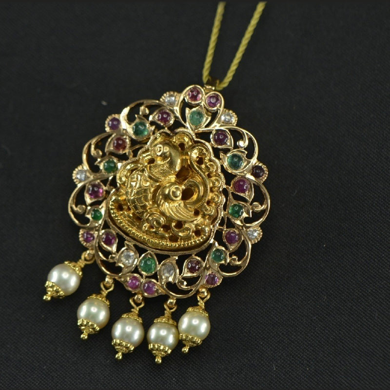 22K Yellow Gold RoseCut Diamond Emerald Ruby Pearl Pendant | Party Wear Fine Jewellery