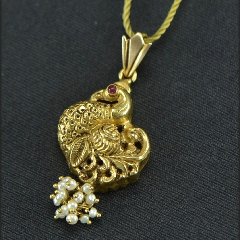 22K Yellow Gold Ruby Pearl Annam Pendant | Festive Wear Fine Jewellery