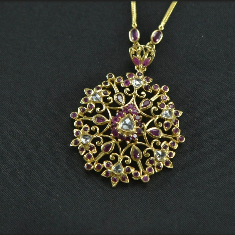 18K Yellow Gold Rose Cut Diamond Ruby Pendant | Festive Wear Fine Jewellery