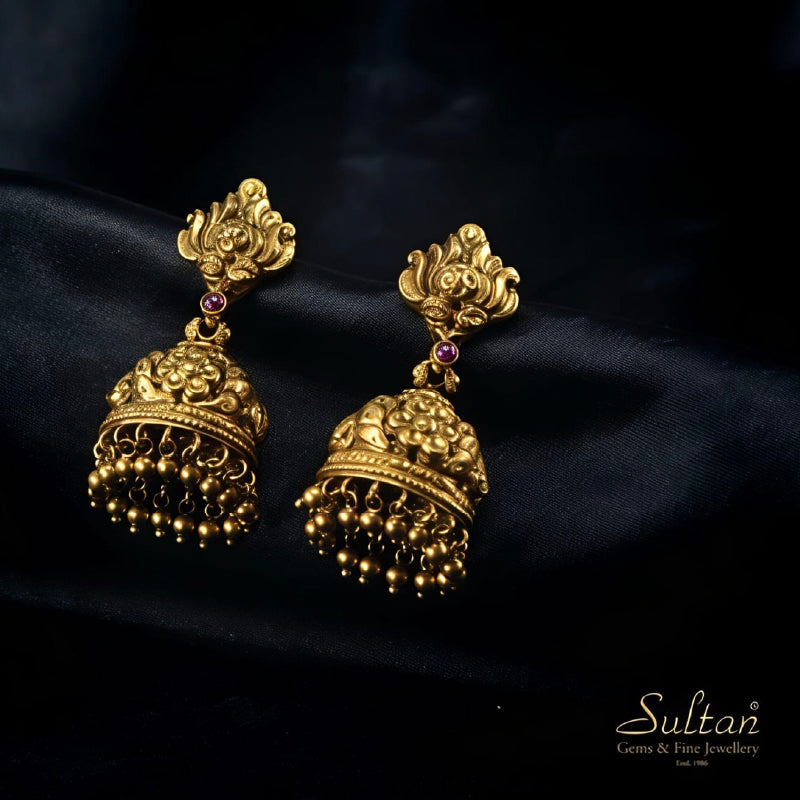 22K Earring Yellow Gold Ruby Traditional Jhumkas | Festive Wear Fine Jewellery