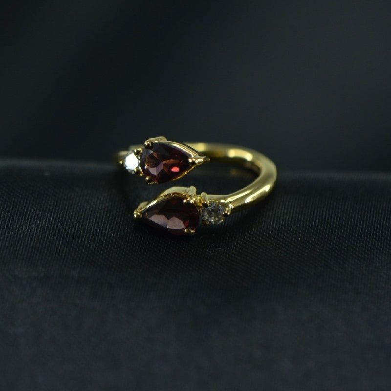 18K Ring Yellow Gold Red 2 Stone Garnet Diamond Ring | Daily Wear Fine Jewellery