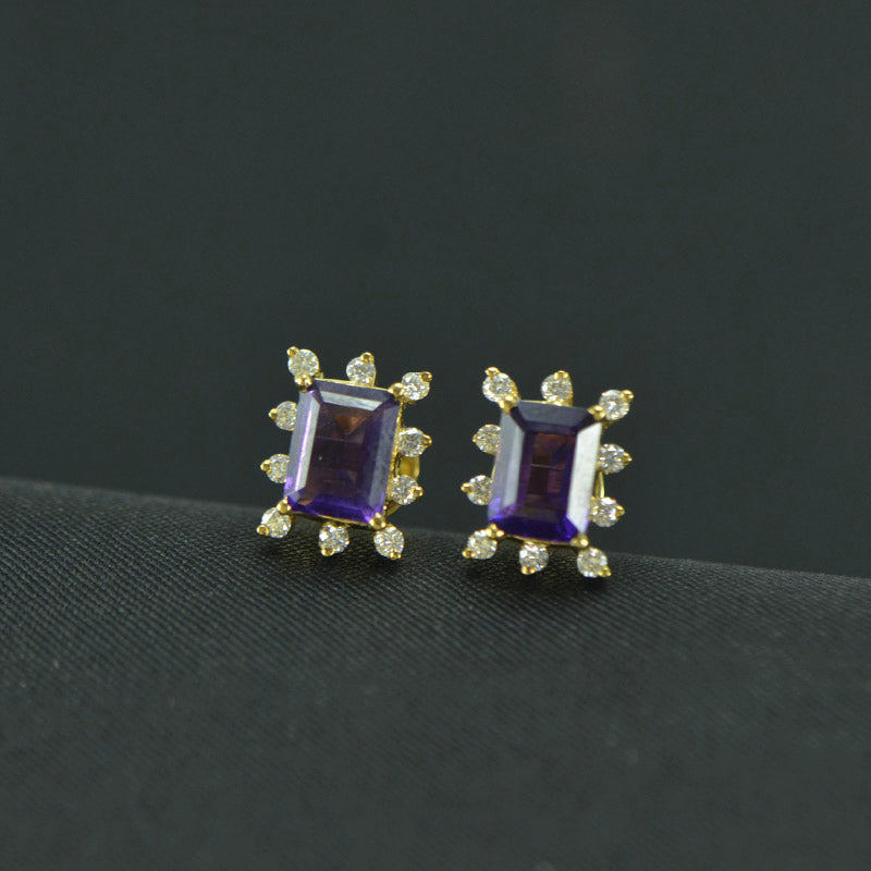 18K Earring Yellow Gold Amethyst Diamond | Daily Wear Fine Jewellery