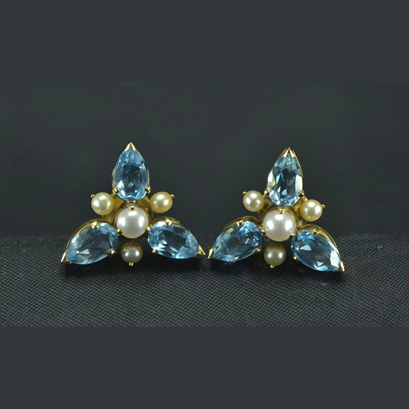 18K Earring Yellow Gold Blue Topaz Pearl Earstud | Daily Wear Fine Jewellery