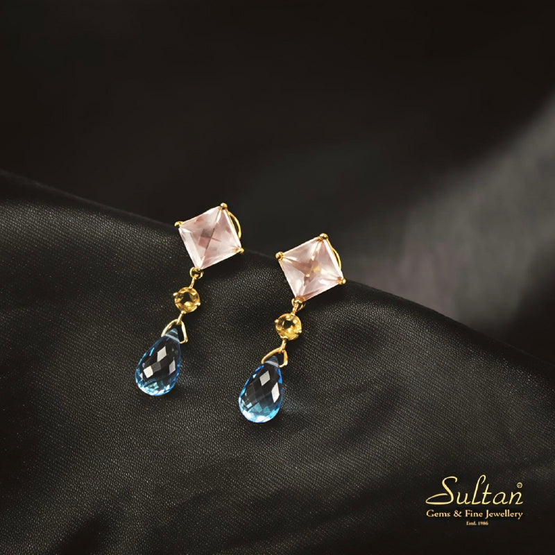 18K Earring Yellow Gold Rose Quartz Blue Topaz Dangler | Daily Wear Fine Jewellery