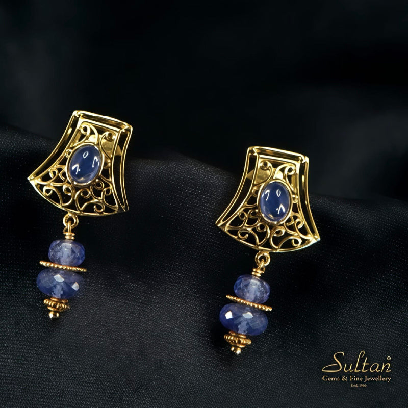 18K Earring Yellow Gold Tanzanite Filigree Dangler | Daily Wear Fine Jewellery