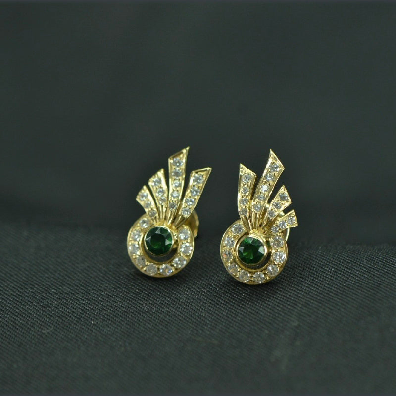 18K Earring Yellow Gold Diamond Green Garnet Stud | Daily Wear Fine Jewellery