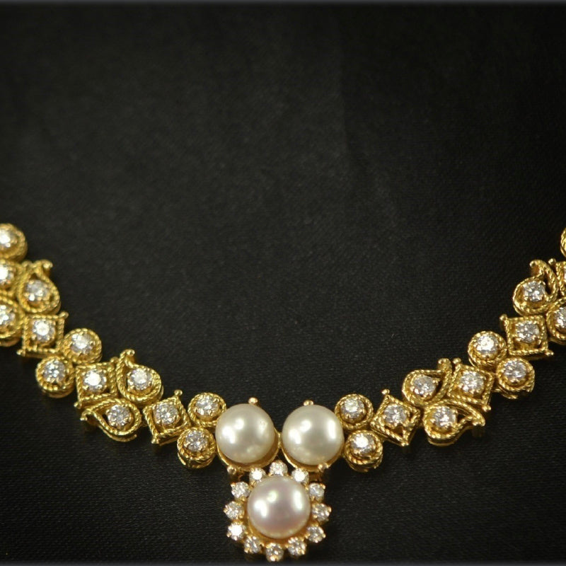 22K Yellow Gold Diamond Pearl Necklace | Festive Wear Fine Jewellery