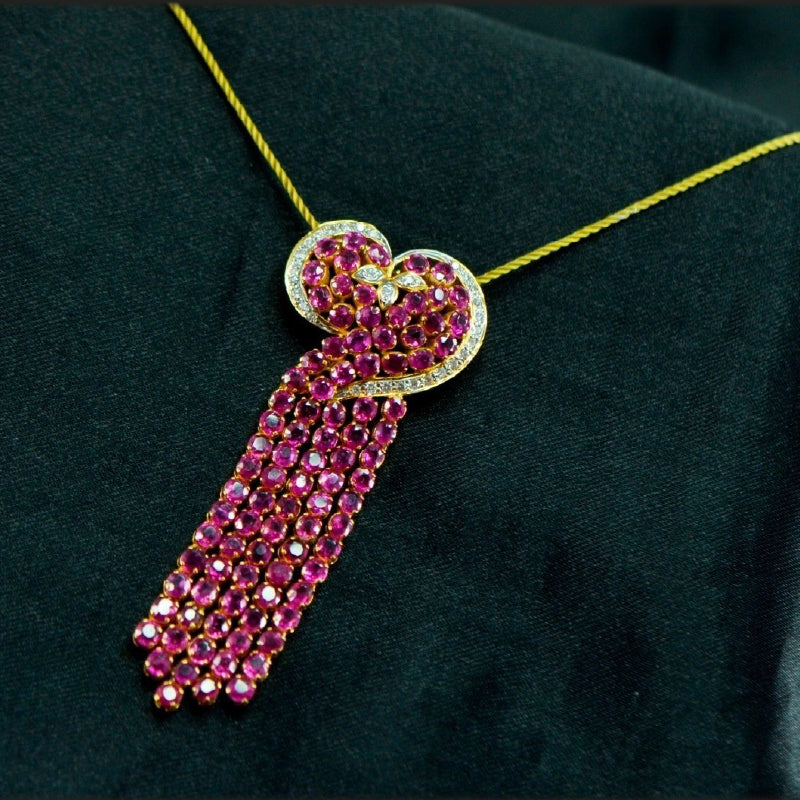 18K Yellow Gold Ruby Diamond Long Pendant | Festive Wear Fine Jewellery