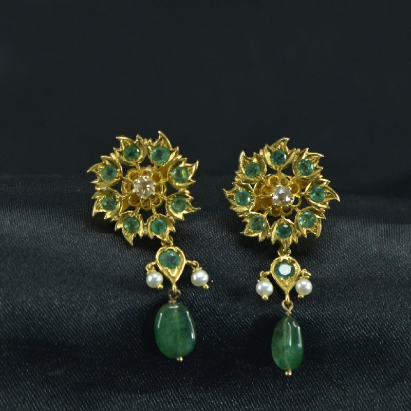 18K Earring Yellow Gold Diamond Emerald Pearl Drops | Festive Wear Fine Jewellery