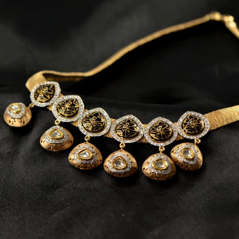 18K Yellow Gold Polki Diamond Enamel Necklace | Festive Wear Fine Jewellery