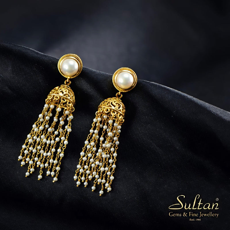22K Earring Yellow Gold Fresh Water Pearls Dangler  | Festive Wear Fine Jewellery