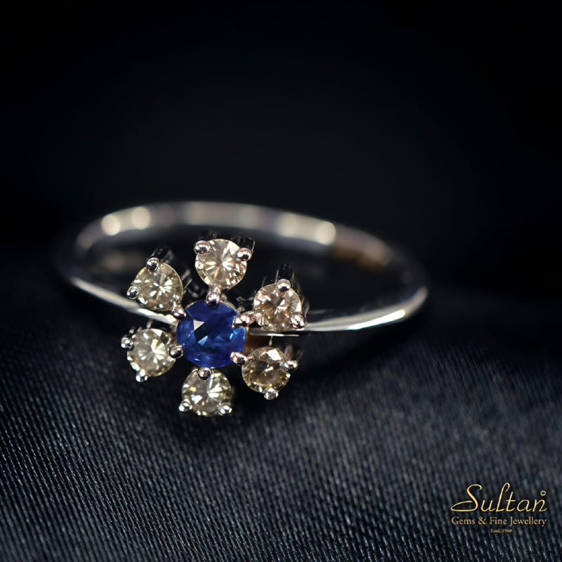 18K White Gold Floral Blue Sapphire Diamond Ring | Festive Wear Fine Jewellery
