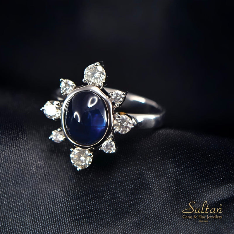 18K White Gold Diamond Blue Sapphire Ring | Festive Wear Fine Jewellery