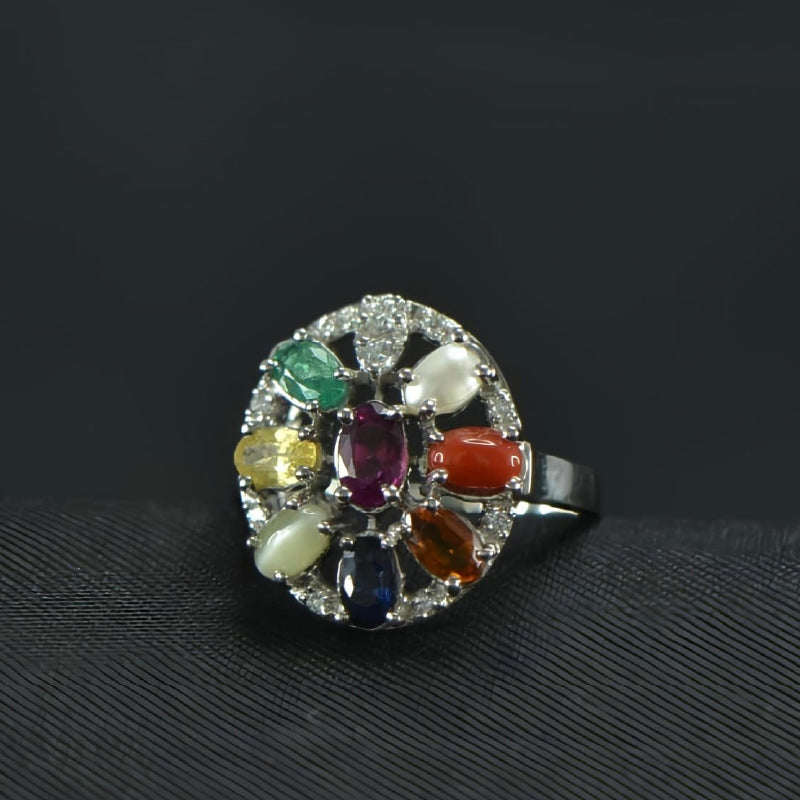 18K White Gold Navaratnam Diamond Ring | Festive Wear Fine Jewellery