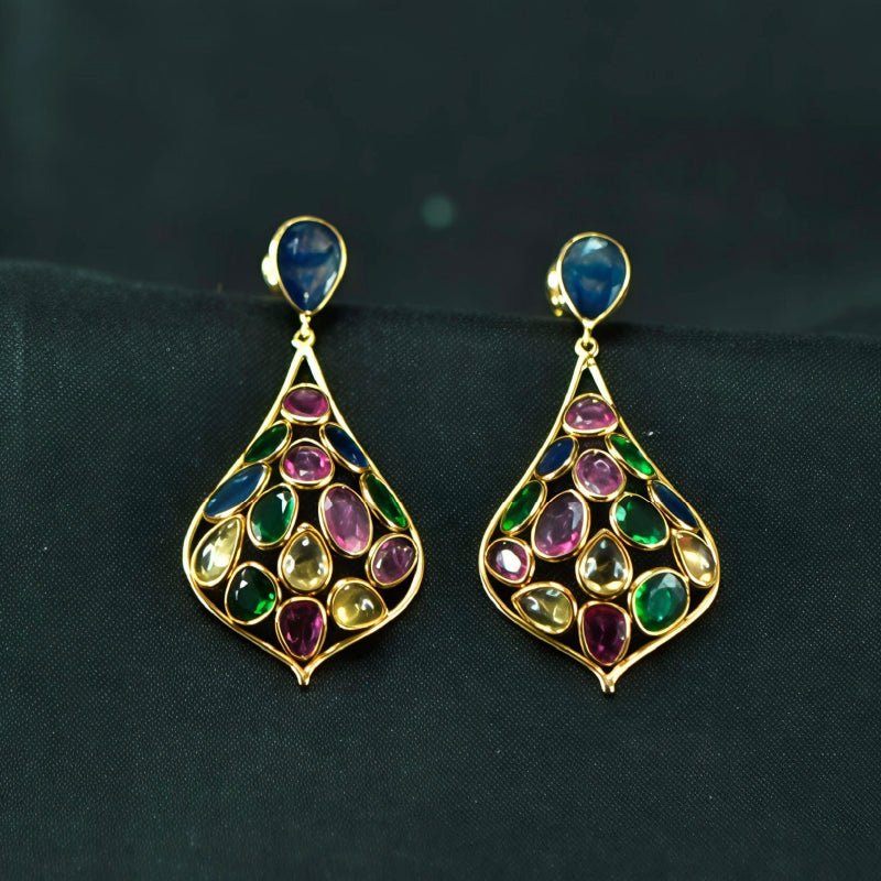 18K Earring Yellow Gold Multi Colour Sapphire Dangler | Festive Wear Fine Jewellery