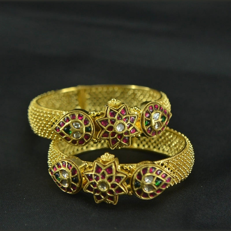 22K Yellow Gold Ruby Emerald Polki Diamond Bangle Pair | Festive Wear Fine Jewellery