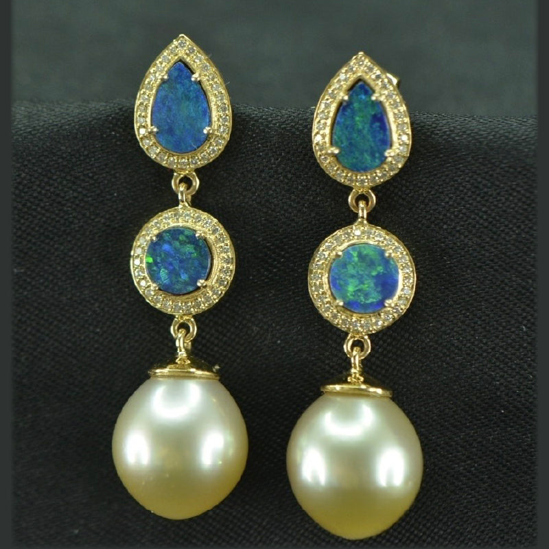18K Earring Yellow Gold Diamond Opal Pearl Drops | Festive Wear Fine Jewellery
