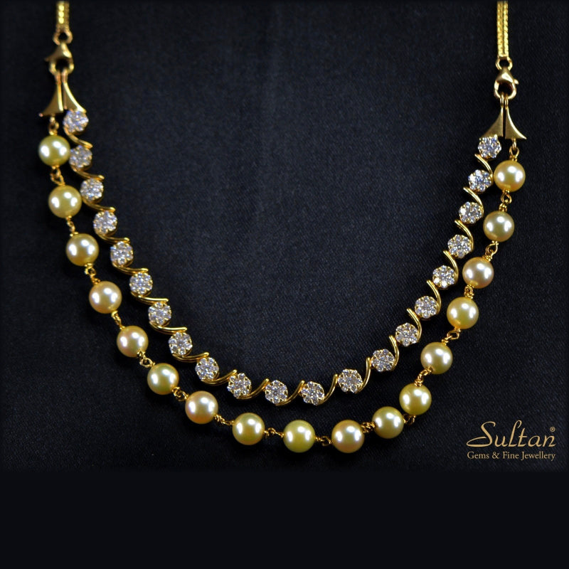18K Yellow Gold Diamond Pearl Necklace | Festive Wear Fine Jewellery