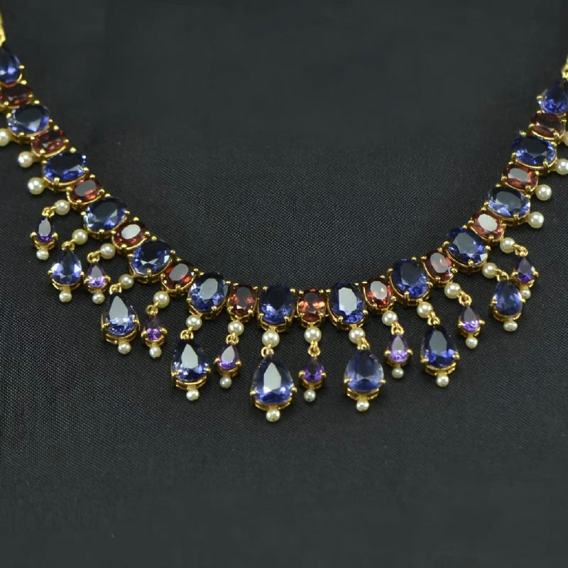 18K Yellow Gold Amethyst Garnet Pearl Necklace | Festive Wear Fine Jewellery