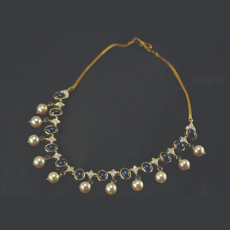 18K Yellow Gold Diamond Blue Sapphire Pearl Necklace | Festive Wear Fine Jewellery