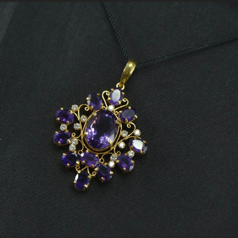 18K Yellow Gold Amethyst Diamond Pendant | Festive Wear Fine Jewellery