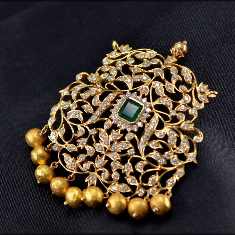 22K Yellow Gold Large Diamond Emerald Pendant | Festive Wear Fine Jewellery