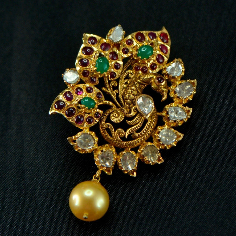 22K Yellow Gold Rose Cut Diamond Ruby Emerald Pearl Pendant | Festive Wear Fine Jewellery