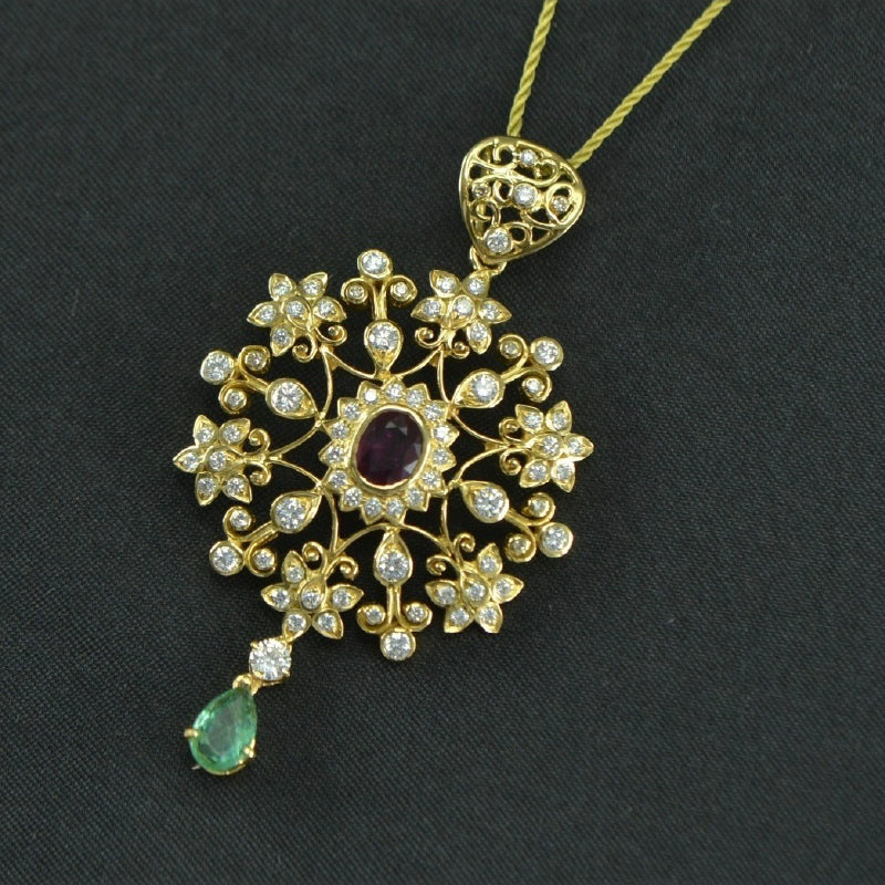 18K Yellow Gold Diamond Ruby Emerald Pendant | Festive Wear Fine Jewellery