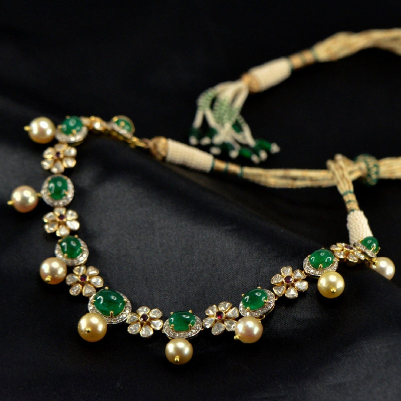 18K Yellow Gold Diamond Emerald Pearl Necklace | Festive Wear Fine Jewellery